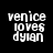 Four identical display white pixelated text reading 'venice loves dylan' on a black background, arranged in a