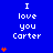 Blue background with white text "I love you Carter" repeated in a , orange heart symbols appear and multiply on the left side