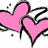 Two pink hearts with black outlines float on a white background, while green text reads 'i love' and 'miss her' in pixelated style.