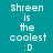 Pixelated text "shreen is the coolest :D" displayed across four colored quadrants with distinct background colors.