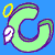 Four green C-shaped figures with purple outlines on blue background, each displaying distinct combinations of yellow halo, white wing, and yellow star props.
