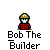 Pixelated character in yellow hard hat and red plaid shirt with text 'Bob The Builder' below, showing construction animation frames.