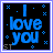 A 48x48 pixel animated buddy icon with blue text "I love you" on a black background, surrounded by small blue star-like shapes and a light purple border, displayed in a contact sheet of three sampled frames showing slight animation variations.