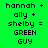 Green background with black text listing names and 'GREEN GUY' in pixelated font, alternating pink highlight on the second of text