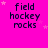A bright pink background with repeated text 'field hockey rocks' in dark purple, surrounded by small white stars.