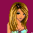 Pixelated image of a woman with long brown hair and blue eyes, wearing a light blue top against a magenta background.