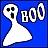A pixelated white ghost with a surprised expression and the word "BOO" in blocky white letters on a solid blue background.