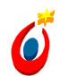 Red curved shape with blue oval center and yellow star, rotating through multiple angles against gray background.