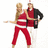 Two figures in red and black attire pose dynamically against a white background, one with extended arm.