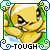 Yellow cartoon character with white headband, clenched fists, and angry expression, framed by green and blue border with "TOUGH" text below.