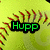 Green text 'Hupp' on black rectangle with red and brown pixelated spikes on yellow background.