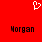 Red background with white pixelated heart symbol above two black text instances of 'Morgan' in a