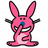 Pixelated pink rabbit-like creature with blue nose, black eyes, and gray arms covering its face while standing on a white background.