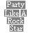 Pixelated text-based icon with stacked gray rectangles containing white text reading Party, Like A, Rock, Star on left and Kick, A, Little, Ass on right.