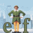 Pixelated image of a character in green tunic and yellow pants standing with hands on hips, flanked by large stylized 'ef' letters against light blue background.