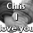 Black-and-white pixelated image with text 'Chris' at top, vertical line in center, 'love you' at bottom over blurred background.