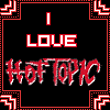 Black background with red geometric borders and text elements showing 'I LOVE HOT TOPIC' in various styles across six