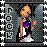 Pixelated static icon of a stylized character with orange hair and purple clothing standing against a dark background with teal accents, framed by a white border pattern.