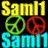 Pixelated text 'Sam1' in multiple colors above peace signs on a black background, with a gray rectangle on the right.