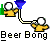 Pixelated character with white head and yellow body holding blue funnel, connected by beige tube to green base, repeated with "Beer Bong" text below.