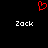 Red pixelated heart symbol above two white 'Zack' text labels on black background.
