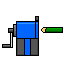 A blue and gray mechanical device with a green cylindrical component and a yellow tip, shown in of animation