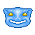 Pixel art icon of a blue, translucent, smiling face with yellow eyes and white teeth against a gray background.