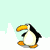 A pixelated penguin with black, white, and orange coloring stands on a light blue background with white wave shapes, its body shifting through multiple poses.