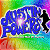 A 50x50 pixel animated contact sheet showing two frames of an Austin Powers-themed buddy icon with a rainbow gradient background and blue text logo on the left, transitioning to cartoon characters on the right.