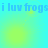 Pixelated blue text 'i luv frogs' repeats across a cyan and yellow gradient background with faint circular light effects.