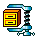 Pixelated mechanical arm with blue and cyan limbs holds a brown and yellow box with two horizontal lines, transitioning through three states of box detail.