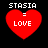Four red heart-shaped icons with white text 'STASIA = LOVE' arranged in a on a black background, each heart displaying slight variations in pixelation and alignment