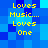 Yellow pixelated text on blue background with repeated phrases 'Loves Music... Loves One' in two vertical