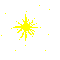 Four yellow pixelated starbursts on gray background with scattered small dots, each starburst has distinct radiating lines and central core variations.