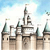 Pixelated image of a castle with multiple towers under a light blue sky with white clouds.