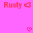 Pink background with repeated red 'Rusty' text and heart symbols, some hearts animated as pixelated outlines.