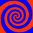 Four spirals in alternating red and blue colors arranged in a on a solid red background