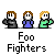 Pixel art of three figures with brown, white, and blonde hair in gray background; central figure has red circular aura. Text reads "Foo Fighters" below.