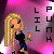 Pixelated cartoon girl with long blonde hair in black top and blue pants, holding a flower against pink gradient background with vertical text.