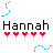 Pixelated icon with blue curved line, black text 'Hannah', and five red hearts on white background.
