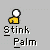 Pixelated yellow figure with white head performs sequential hand movements against gray background, text "Stink Palm" below.