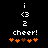 Pixelated icon with white text and orange symbols on black background showing 'i <3 2 cheer!' with four orange plus signs below, one brown.