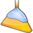 Pixelated icon of a broom with blue bristles and yellow handle against white background.