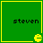 Green square with yellow border contains black text 'steven' and a yellow Pac-Man icon in bottom-right corner.