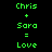 Green pixelated text on black background displays 'Chris + Sara = Love' in two identical vertical