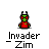 A 4x4 contact sheet of pixel art frames showing an animated Invader Zim character with changing text banners above it, displayed on a gray background.