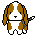 Pixelated dog with brown and white fur, black nose, red tongue visible in some frames, holding a dark object in its right paw against gray background.