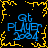 Four identical blue pixelated text icons arranged in a , each surrounded by yellow pixelated border, on black background