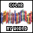 25 identical pixelated icons showing 'MY WORLD' text beneath a colorful abstract cityscape, with the top-left icon displaying 'COLOR' in multicolored letters