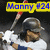 Pixelated image of a baseball player in a white uniform swinging a bat, with a yellow banner above displaying blue text "Monny #24".